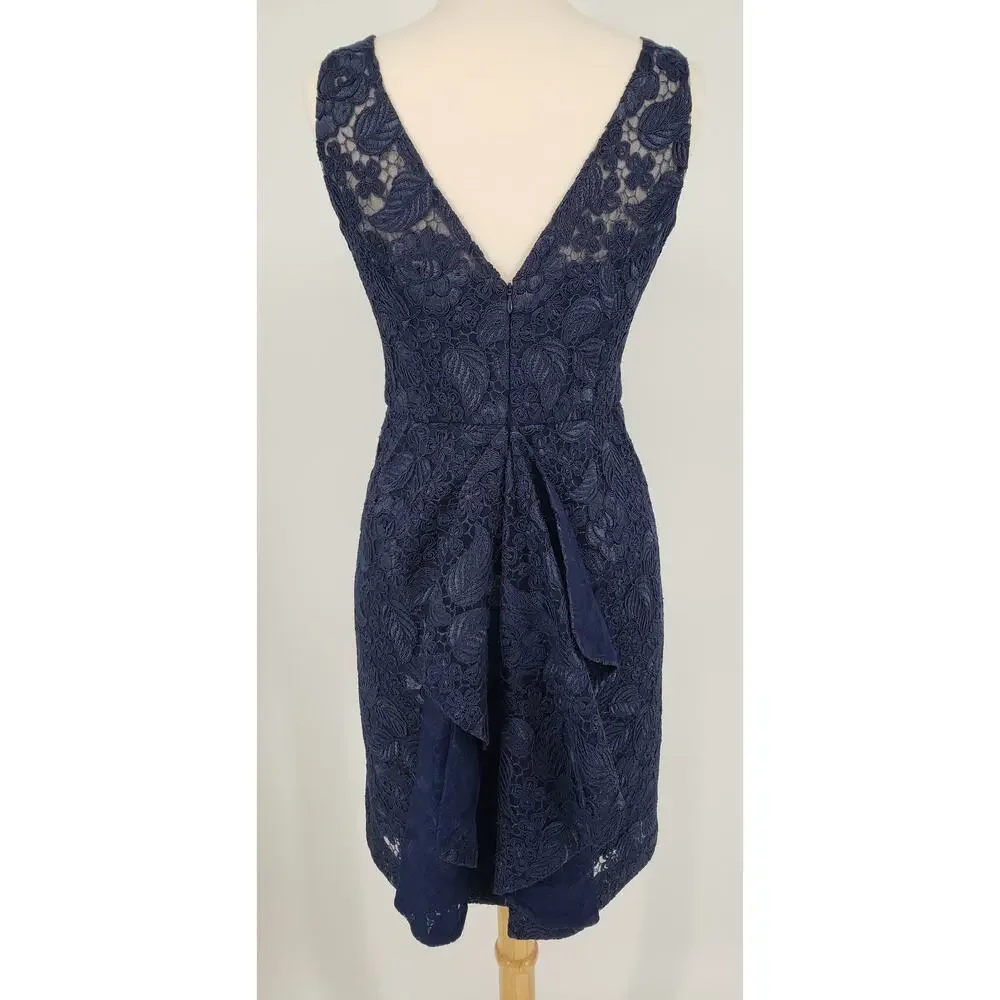 ML Monique Lhuillier Follow Suit Sheath Dress 12 Floral Leaf Lace Cocktail Navy - Picture 5 of 14